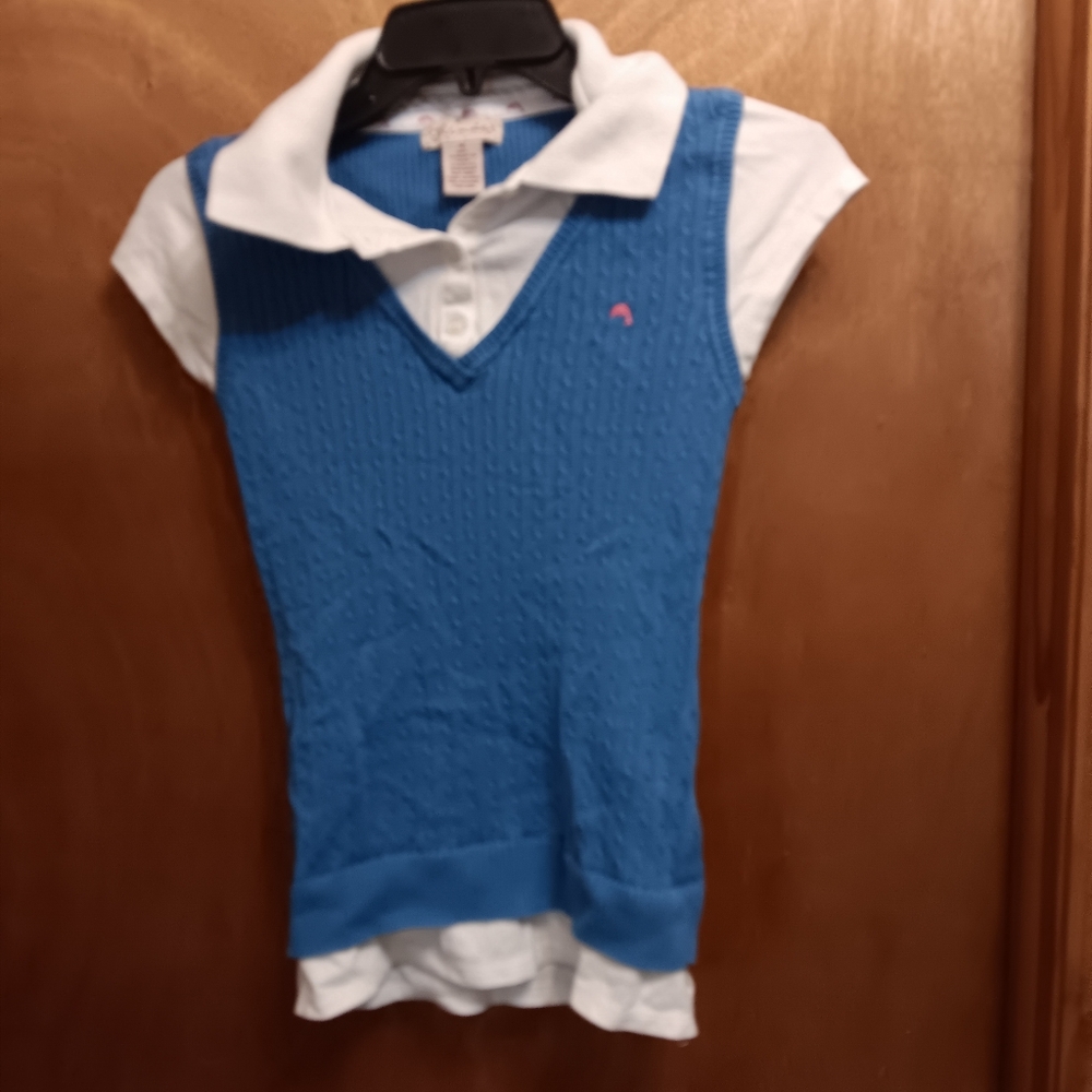 Glimmer Blue Kids Sleeveless Sweater Vest with White Collar And Shirt Top.
